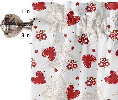 Red Love Heart Valance Curtains Rod Pocket Window Treatments Curtains, Retro Flower Floral Curtain Valances for Kitchen Living Room Bedroom Small Window Decor, 54x18in,1 Panel