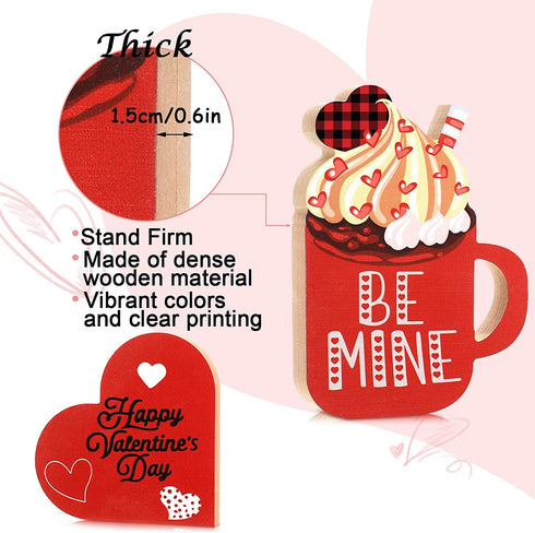 3 Pcs Valentine's Day Table Wooden Sign Coffee Mug Shaped Tabletop Decor Romantic Love Be Mine Decorative Table Centerpiece Signs Valentine's Day Tiered Tray Home Decor (Lovely Style)