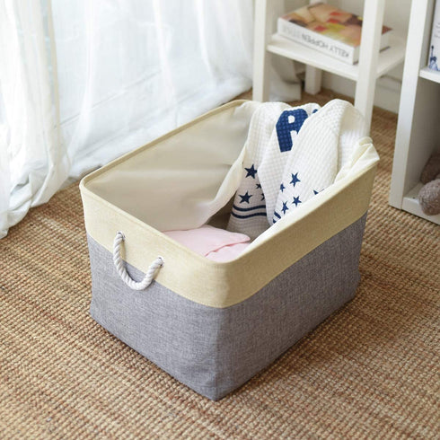 TheWarmHome Large Baskets for Storage Rectangular Basket Decorative Basket Fabric Storage Bin Brown Storage Basket Shoes Basket Towel Basket Cloth Baskets Blanket Storage(Gold&Grey,Large-1 Pack 17.7×13.7×9.8inch)