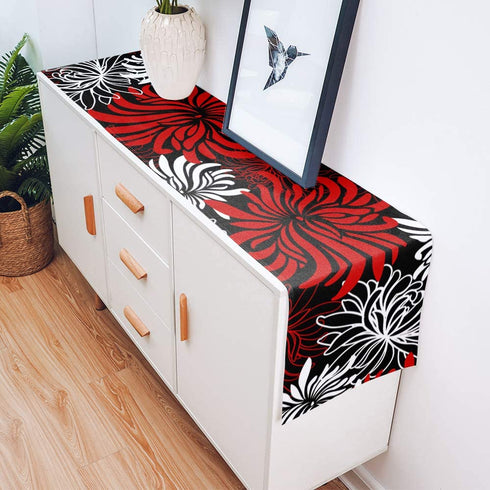 Floral Table Runner-Red Black White Cotton linen-Long 108 inche Dresser Scarves,Flower Tablerunner for Kitchen Coffee/Dining Table Bedroom Home Living Room,Scarf Decor for Summer Spring Holiday Dinner