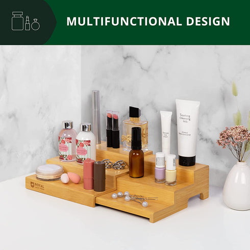 Bamboo Spice Organizer for Cabinet - Tiered Spice Rack Organizer for Cabinet or Countertop, Pantry Step Shelf (15.16"x 8.3" x 3.3")