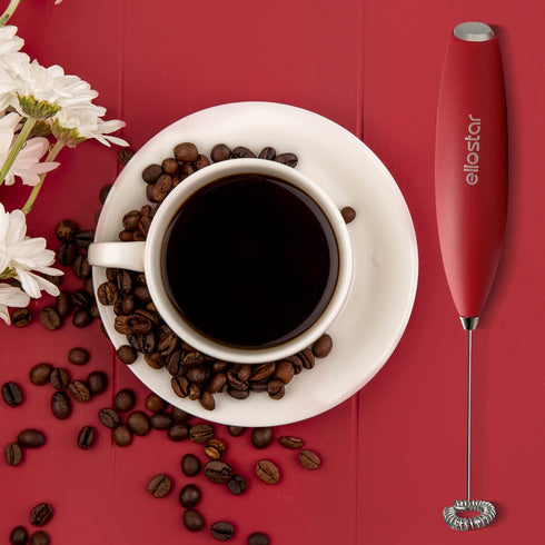 ellostar Milk Frother Handheld Electric Battery Operated Foam Maker For Coffee, Latte, Cappuccino, Frappe, Matcha, Hot Chocolate, Drink Mixer With Stainless Steel Whisk, Stand Included (Red)