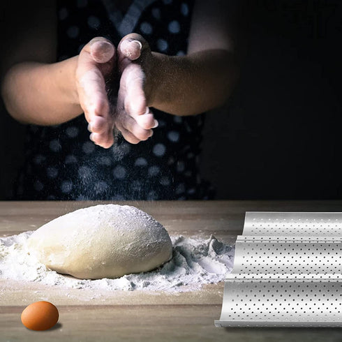 GGC Baguette Pan, Nonstick Perforated French Bread Pan for Baking, Silver Food Grade Coating, Baguette French Baking Pan Has Fast Heat Conduction to Cook 3-Wave Crispy Breads Loaves (15" x 9.5")