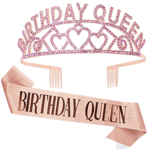 Birthday Crowns for Women, Didder Birthday Queen Rhinestone Tiara & Sash Kit, Rose Gold Birthday Tiaras and Crowns for Women Birthday Girl Crown Princess Crown Glitter Birthday Sash 21st Gifts Party