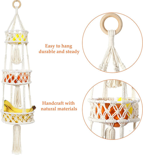 Macrame 3 Tier Hanging Basket Space Saving Hanging Fruit Basket for Kitchen or Decorative Boho Decor Hanging Plant Holder Use for Produce Baskets, Indoor Planter Hangers