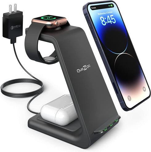 Quezqa Wireless Charging Stand - Fast Wireless Charger - 3 in 1 Charging Station for Apple AirPods Pro 3 2 Apple Watch Ultra 8 7 SE 6 5 4 iPhone 14 Pro Max 14 Plus 13 12 11 Pro Max with QC3.0 Adapter