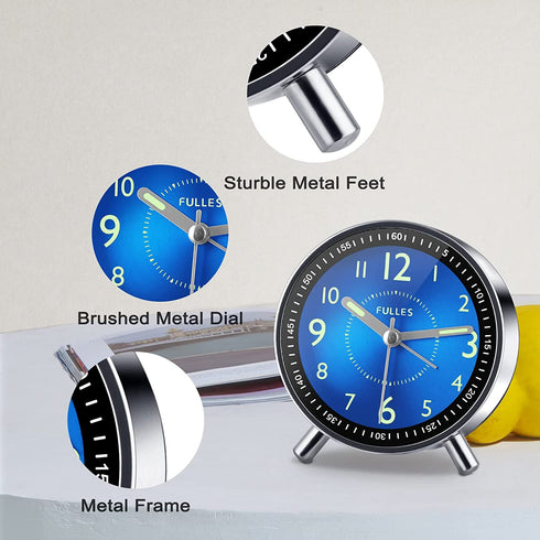 Analog Alarm Clock Battery Operated for Bedrooms Adults Kids Teens Bedside Non Ticking Alarm Clocks Metal No Snooze (Blue)
