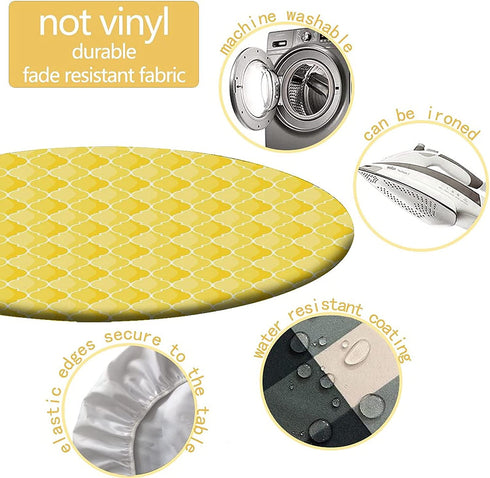 Yellow Oval Geometric Pattern Elastic Edge Table Cover Round, Moroccan Style Fitted Tablecloth, Washable Polyester Table Cloths, Outdoor Patio Picnic Party Dining Tables Decor, Fits Tables 28" to 32"
