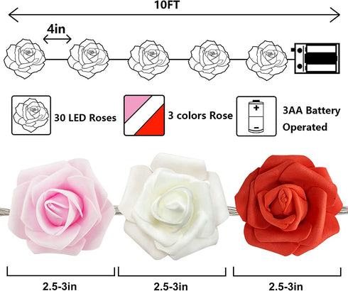 TURNMEON 10Ft 30Led Rose Light Valentines Day Decoration Flower String Lights Red Pink White Rose Battery Power Artificial Flowers Garland Lights Indoor Outdoor Decor Valentines Home Party(Warm White)