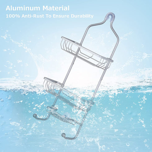 Hanging Shower Caddy, Maxdoux Bathroom Storage Rack Over Shower Head Aluminum 100% Anti-Rust Shower Organizer With Basket for Soap and 2 Hooks, Extra Wide Shower Storage for Shampoo, Conditioner, Gray