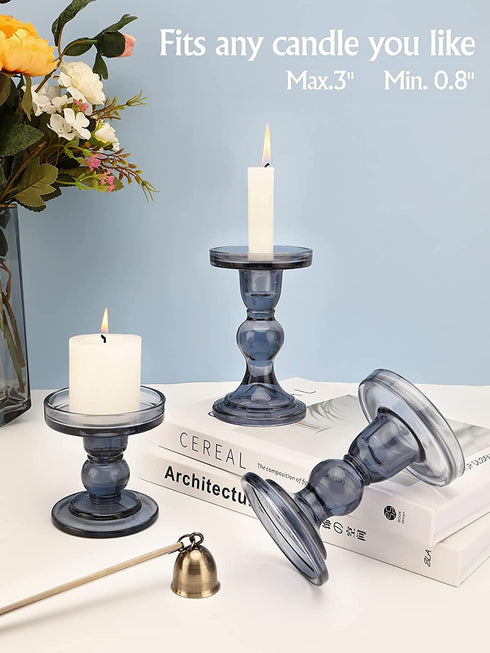 Lewondr Glass Candle Holders, 3 Pieces Crystal Clear Candlesticks with Elegant Design for Pillar Taper Candle and Tea Light, Home Table Living Room Wedding Party Decorations Home D©cor - Smoky Blue