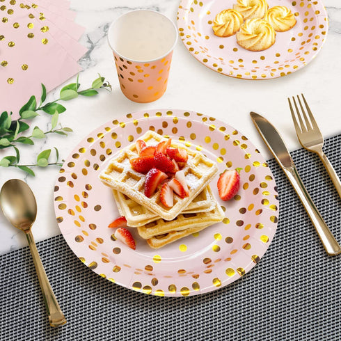 Pink and Gold Party Supplies Disposable Dinnerware Set Serves 25 Gold Dots on Pink Paper Plates Cups and Napkins, Gold Plastic Knives Spoons Forks for Baby Shower Wedding Party Bridal Shower