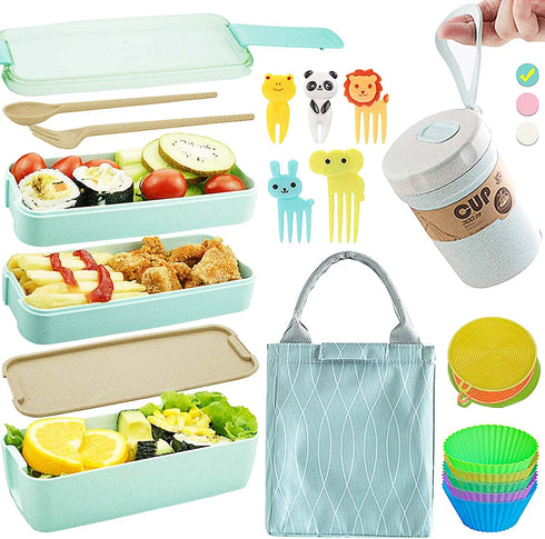 Bento Box Japanese Lunch Box Kit (11 PCS) 3-In-1 Compartment, Leak-proof Bento Lunch Box Meal Prep Containers with Utensils, Bento Boxes for Adults/Kids (Green)