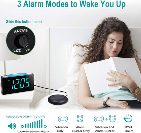 Extra Loud Alarm Clock with Bed Shaker, Vibrating Alarm Clock for Heavy Sleepers Deaf Hearing Impaired, 7" Large Display, Dual USB Charger, 7 Color Night Light, Dimmer, Snooze & Battery Backup