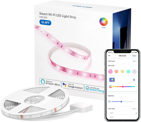 meross Smart LED Strip Light, 16.4ft RGB WiFi Strip, Compatible with Amazon Alexa & Google Assistant and SmartThings, App Control, Color Changing for Home, Bedroom, TV, Party