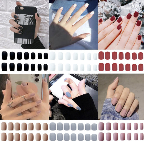 6 Packs (144 Pcs) Matte Short Square Press on Nails, Acrylic Short False Nails Full Cover Set Artificial Nails Fake Solid Color with Glue Nail File for Women…