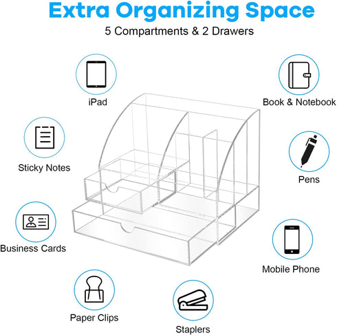 Premium Acrylic Desk-Organizer for Office/School Supplies, Desk Pen Holder for Pens/Pencils/Sticky note/Notebooks and Desk Accessories
