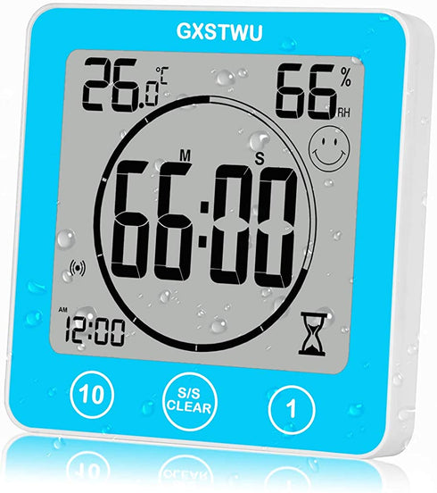 GXSTWU Digital Timer Shower Clock Waterproof?Waterproof for Water Spray? with Alarm, Bathroom Kitchen Wall Clock, Touch Screen Timer, Thermometer Hygrometer Suction Cup Hanging Hole Stand Magnet Blue
