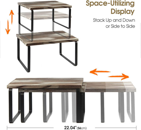 J JACKCUBE DESIGN Kitchen Cabinet Shelf Set of 2, Stackable, Expandable Metal and Rustic Wood Pantry Organizer Storage, Cupboard for Dishes, Spice Jars, Coffee Mug -MK617A