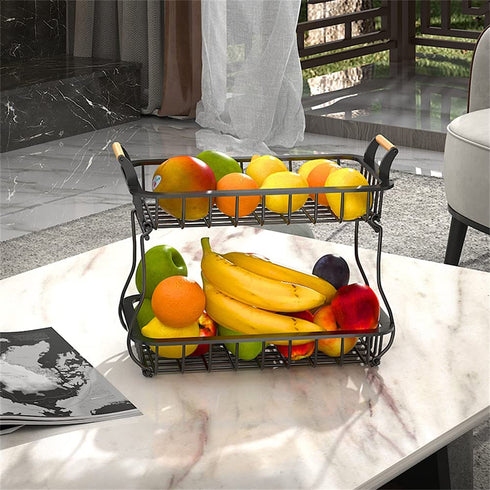 Tngan 2 Tier Fruit Basket Detachable Metal Wire Basket with Wooden Handles Fruit Bread Vegetables Storage Bowl Holder for Kitchen Worktop Dining Table, Black