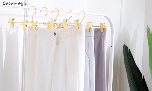 Cocomaya 13 Inch Heavy Duty Shiny Gold Metal Slack Hanger, Pants Hanger, Skirt Hanger with Adjustable Clips (Gold, 10)