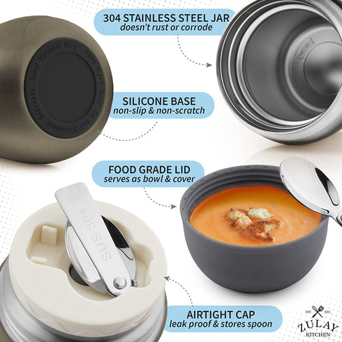 Zulay Vacuum Insulated Soup Thermos 16 oz - Stainless Steel Food Thermos For Hot Food For Adults and Kids - Leakproof Insulated Food Jar For Hot Food Thermos For Soup with Foldable Spoon (Dark Gray)