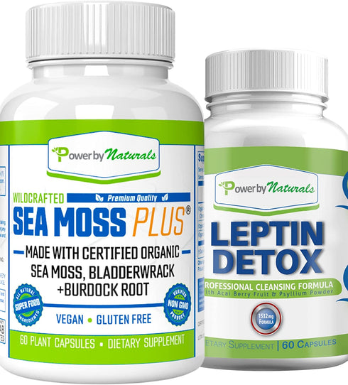 Power By Naturals Organic Sea Moss Plus + Leptin Detox Cleanse | Immune System, Thyroid Support, & Gut Health | Wildcrafted Seamoss Bladderwrack Burdock Root Capsules | 60 Irish Sea Moss Pills