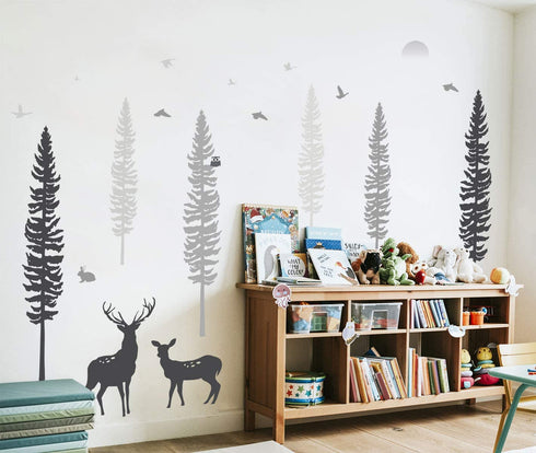 TIMBER ARTBOX Woodland Nursery Decor Dreamy Forest Theme Pine Tree Wall Decals with Animals, Deers & Owl Cute Baby Boy Girl Kids Wall Stickers for Playroom, Bedroom, Classroom & Daycare