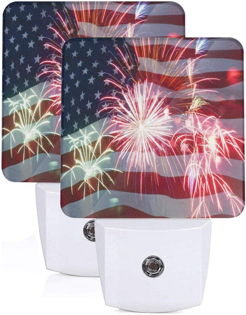 Set of 2 Led Night Lights, Fireworks 4th of July American Flag Patriotic Auto Dusk-to-Dawn Sensor Night Lamp Home Decorative for Adult