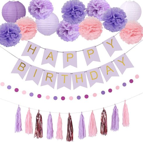 Birthday Party Decorations, Birthday Party Supplies for Girls Decors Kit Pom Pom Lanterns Paper Garland Happy Birthday Banner