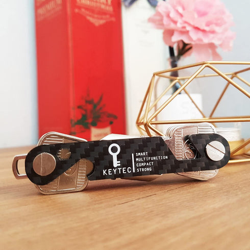 Compact Key Organizer by KEYTEC - Carbon Fiber Smart Key Holder with Multitools - Bottle Opener Phone Stand - Long Screw Anti Loosening Washer - Full Expansion Kit - Linear Type