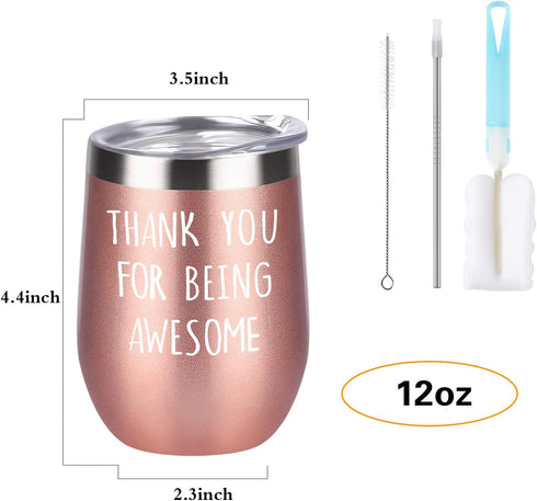 Thank You for Being Awesome Wine Tumbler, Birthday Christmas New Job Promotion Friendship Gift for Women Friend Coworkers Sisters, 12 Oz Stainless Steel Wine Tumbler with Sayings for Women, Rose Gold