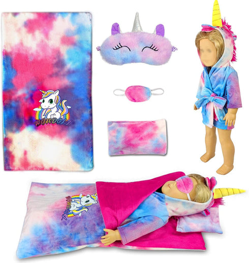 WONDOLL 18-inch Doll-Clothes and Doll-Sleeping-Bag Set - Unicorn-Pajama with Matching Sleepover Masks & Pillow - Compatible with Generation, My Life, Journey Doll Accessories Best Gifts