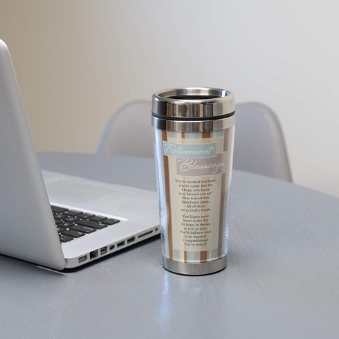 Retirement Blessings Brown Stripes 16 ounce Stainless Steel Insulated Travel Mug with Lid