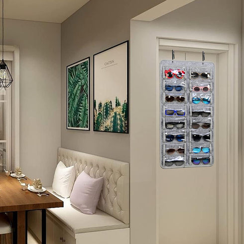 Casaphoria Sunglasses Organizer Storage, Hanging Dust Proof Wall Pocket Glasses Organizer - 16 Felt Slots Sunglass Organizer Holder with Metal Hook and Sturdy Rope (Gray, Dust Proof)