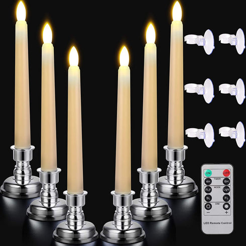 CXMYKE 6PACK 7.9" LED Taper Candles with Removable Silver Candle Holders - Battery Operated Flameless Window Candles with Remote Timer - Warm White Flicker Light - Perfect for Wedding/ Birthday Decor