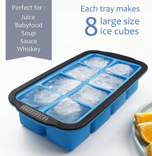 Large Square Silicone Ice Cube Tray with Lid 2 Pack, Flexible 2 inch Ice Cube Mold , Stackable Ice Tray for Freezer,Whiskey,Cocktail,Baby Food Storage,Sauce Soups Freezing Trays,Dishwasher Safe