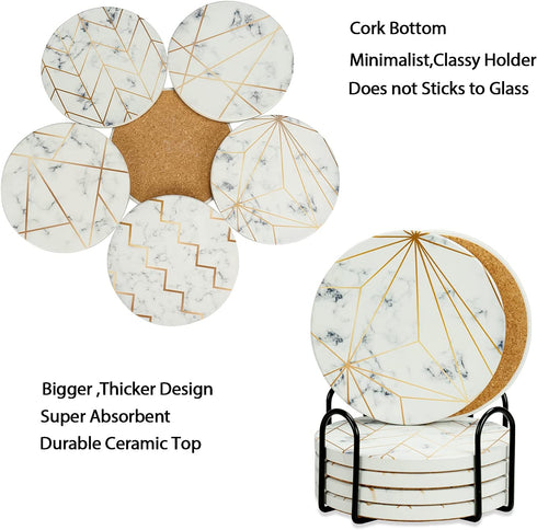 Ipeovrn Coasters for Drinks, Absorbent Ceramic Stone Coaster Set with Metal Holder Stand, Cork Base, for Home Decor, Set of 6 - White