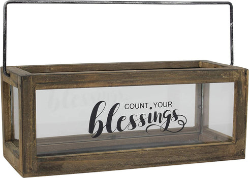 Stonebriar Count Your Blessings Rustic Rectangular Wood and Glass Tray Rail Candle Holder with Sentiment Saying, Brown