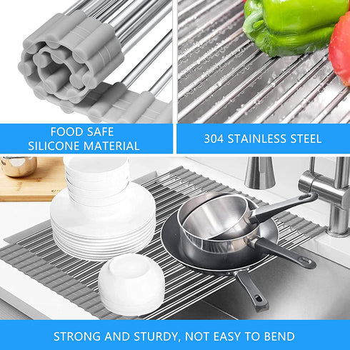 Roll Up Dish Drying Rack?Lauon Over The Sink Multipurpose Dish Drainer Tray Mat?304 Stainless Steel Foldable Dish Rack (17.8''x11.8'')