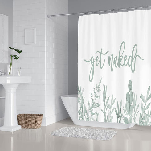 Zengmei 70x70 inches Get Naked Shower Curtain Set Funny Quote Durable Waterproof Polyester Shower Curtain Bathroom Bath Decor Cloth Fabric + 12 Hooks(Green)