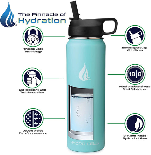 HYDRO CELL Stainless Steel Water Bottle w/ Straw & Wide Mouth Lids (64oz 40oz 32oz 24oz 18oz 14oz) - Keeps Liquids Perfectly Hot or Cold with Double Wall Vacuum Insulated Sweat Proof Sport Design (Teal 24oz)