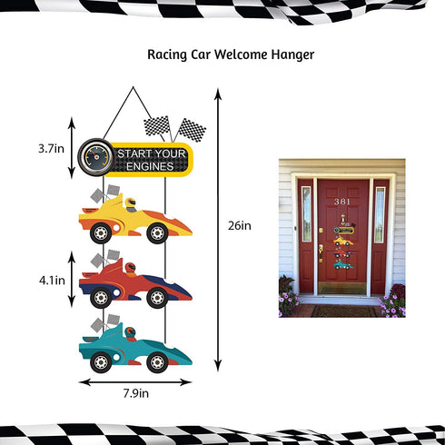 PRATYUS Race Car Birthday Decorations for Kids Boys Let's go Racing Party Supplies With Banner, Welcome Hanger, Car Party Signs, Cake Topper and Checkered Balloons