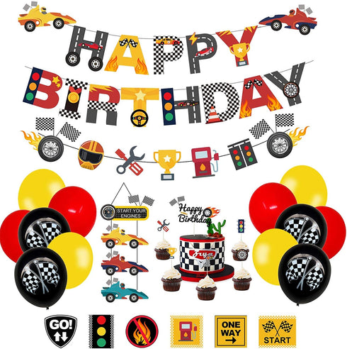 PRATYUS Race Car Birthday Decorations for Kids Boys Let's go Racing Party Supplies With Banner, Welcome Hanger, Car Party Signs, Cake Topper and Checkered Balloons