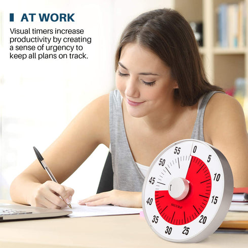 Secura 7.5-Inch Oversize Visual Countdown Timer, 60-Minute Kitchen Timer | Time Management Tool for Kids, Teachers and Adults (Red)