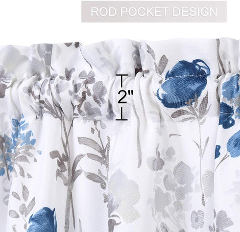 Haperlare Navy Blue Cafe Curtains 36 Inches Length, Watercolor Flowers Rod Pocket Short Tier Curtains for Kitchen Leaf Floral Bathroom Window Curtains, Blue/Grey