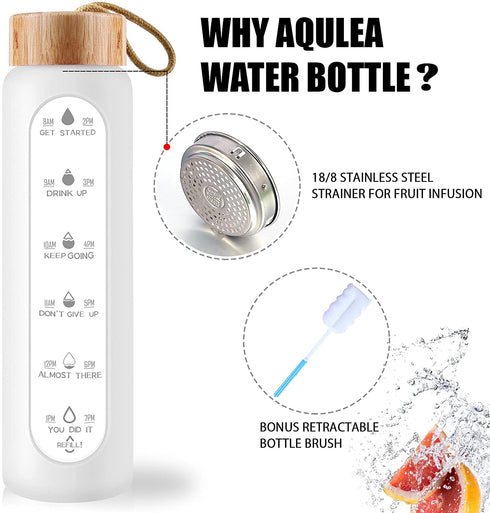 AQULEA 32 Oz Borosilicate Glass Water Bottle with Times to Drink - Wide Mouth BPA Free Glass Motivational Water Bottles with Silicone Sleeve, Bamboo Lid, Fruit Infuser, and Bonus Brush