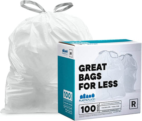 Plasticplace - TRA275WH Custom Fit Trash Bags ”‚ simplehuman (x) Code R Compatible (100 Count) ”‚ White Drawstring Garbage Liners 2.6 Gallon / 10 Liter ”‚ 16.5" x 18" White