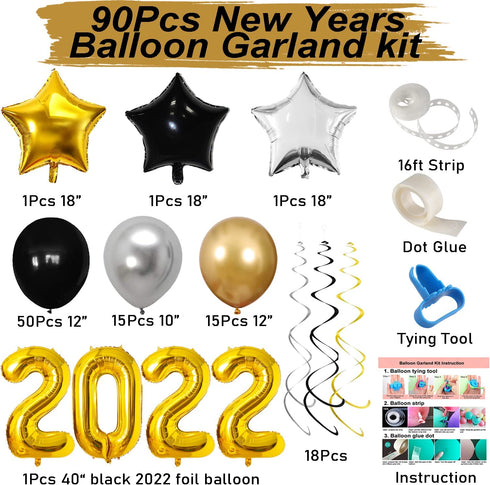 2022 New Years Eve Balloon Garland Arch Kit, 90Pcs Black Gold Silver Balloons Paper Pompoms Hanging Swirls for 2022 New Years Eve Party Supplies Graduation Party Decorations (Silver)