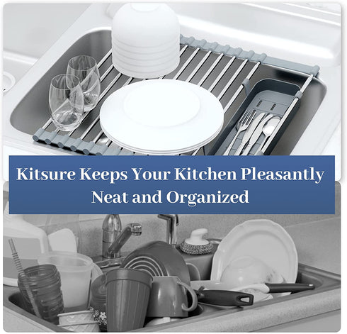 Kitsure Expandable Roll-Up Dish Drying Rack for Kitchen with Adjustable Length Design(12.75-23in), Collapsible Over-The-Sink Dish Drying Rack with Space-Saving Design, Rolling Rack for Sink